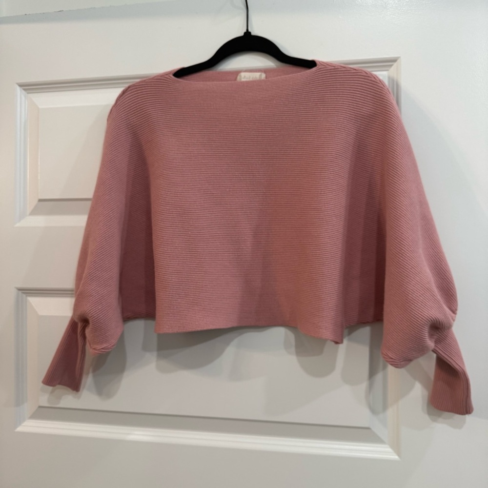Altar'd State Pink Ribbed Cropped Sweater Dolman Balloon Sleeve Boho Small